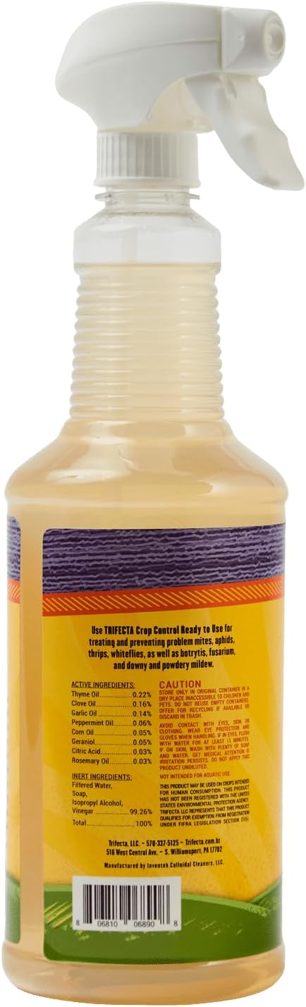 Trifecta Crop Control Ready-to-Use Maximum Strength Natural Pesticide, Fungicide & Miticide – Eliminates Spider Mites, Powdery Mildew, Botrytis & Mold on Plants, 32 oz